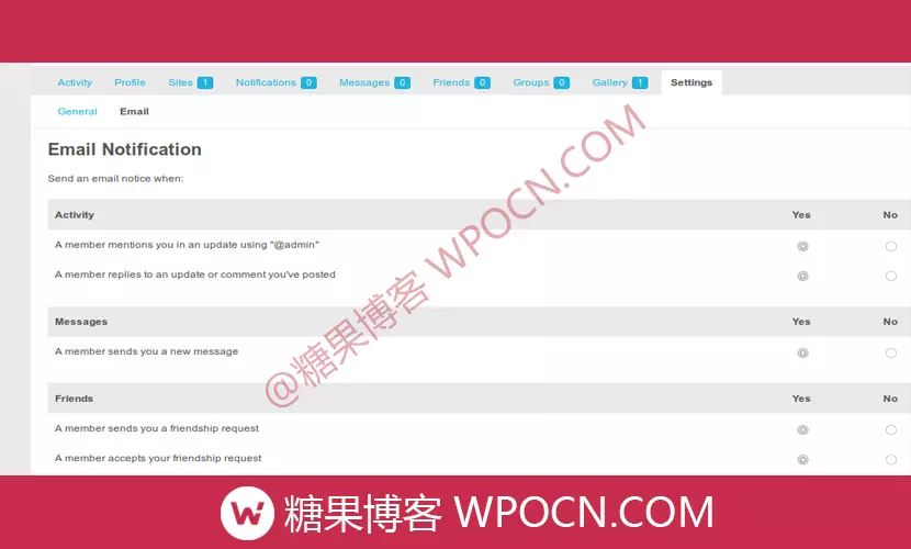 BuddyPress Default Email Notification Settings Control英文版插件 – 默认电子邮件通知设置插件-糖果博客