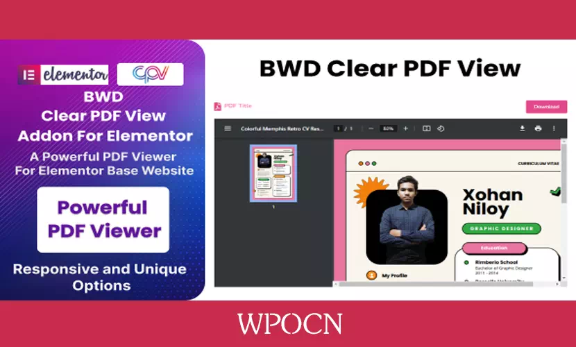 BWD Clear PDF View Addon For Elementor英文版插件 - Elementor扩展插件-糖果博客