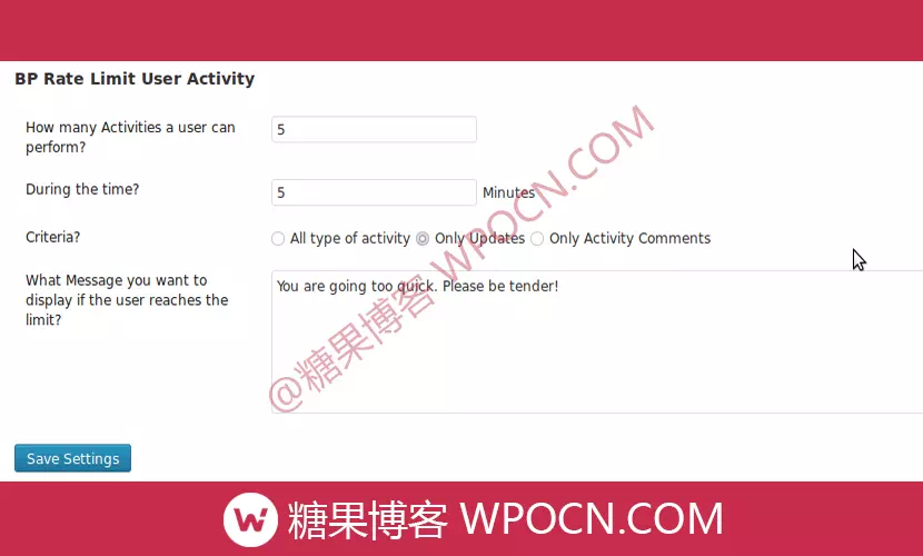 BuddyPress Rate Limit User Activity英文版插件 – 限制用户活动插件-糖果博客