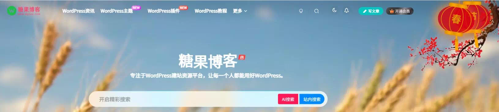 子比主题 – 右上角挂上节日灯笼+梅花-糖果博客